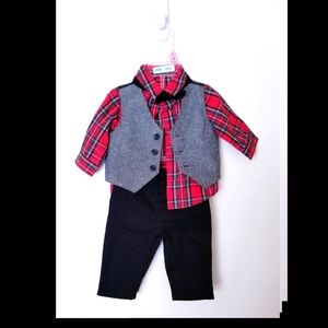 Wonder Nation Long Sleeve Plaid Button Up Shirt, Bowtie, Vest and Pants 4-Piece